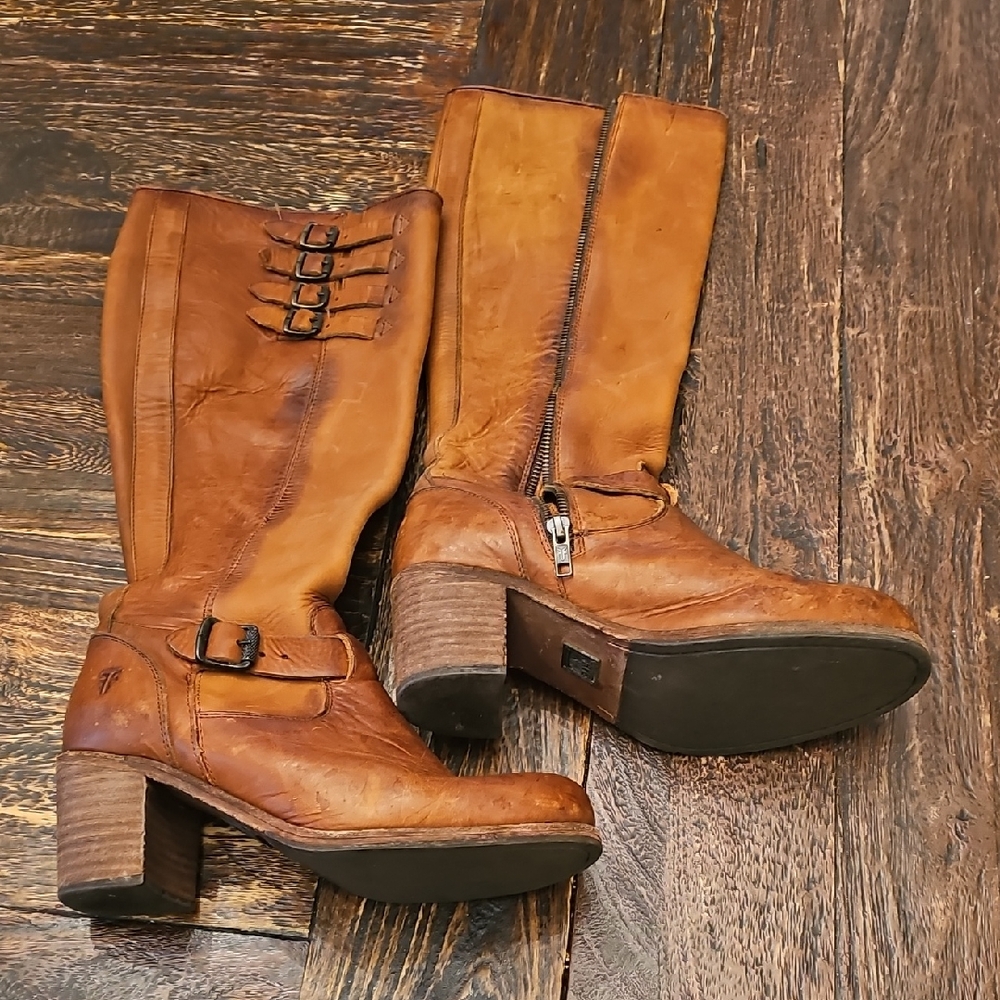 Frye Vintage Gorgeous Leather Boots 7.5 Campus Stacked Heel
